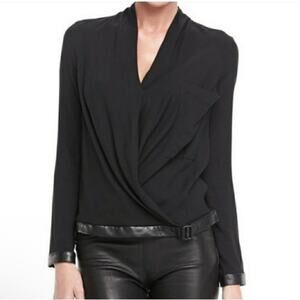 Helmut Lang Faux wrap 100% Leather Trim Blouse Black X-Small Viscose Wool
